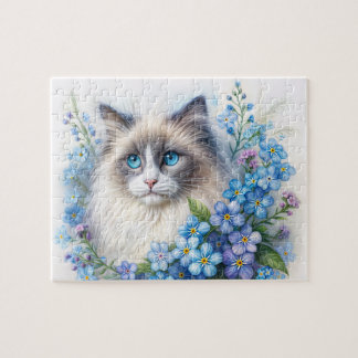 Quebra-cabeça Gato Ragdoll Entre Flores de Não-Me-Esqueças