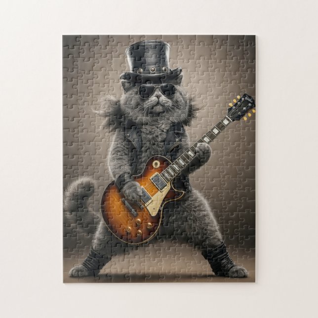 Quebra-cabeça Gato Rockstar Tocando Guitarra Elétrica em Couro (Vertical)