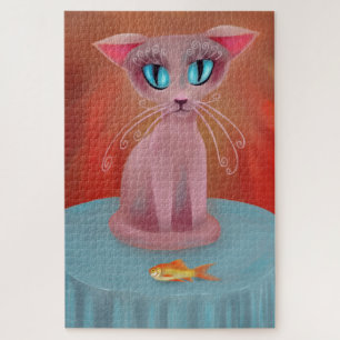 Quebra-cabeça Gato rosa com um peixe dourado numa Mesa azul