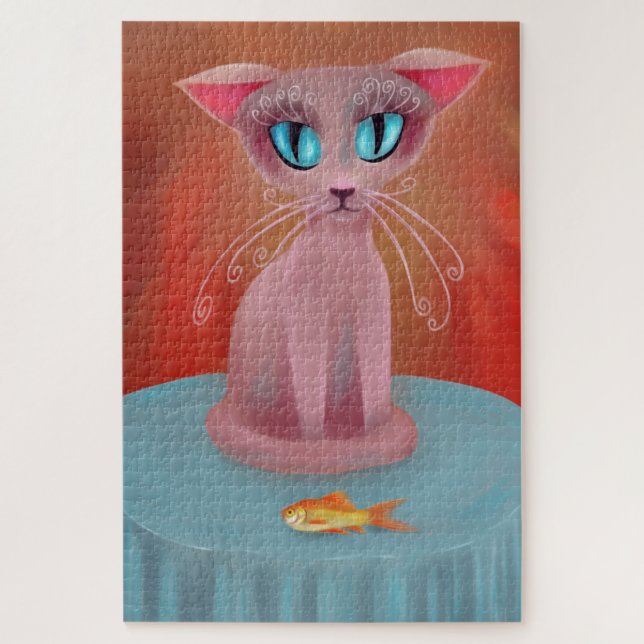 Quebra-cabeça Gato rosa com um peixe dourado numa Mesa azul (Vertical)