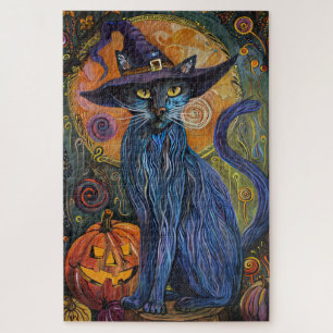 Quebra-cabeça Gato Russo Azul Assustador Abóbora Bruxa de Hallow