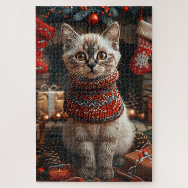 Quebra-cabeça Gato Siames com Presentes de Natal Lareira (Vertical)