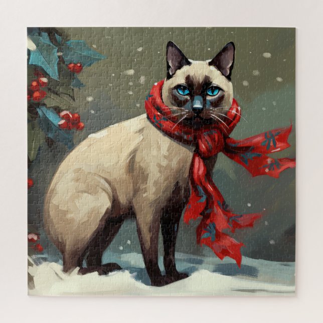 Quebra-cabeça Gato Siames no Natal com Neve (Vertical)