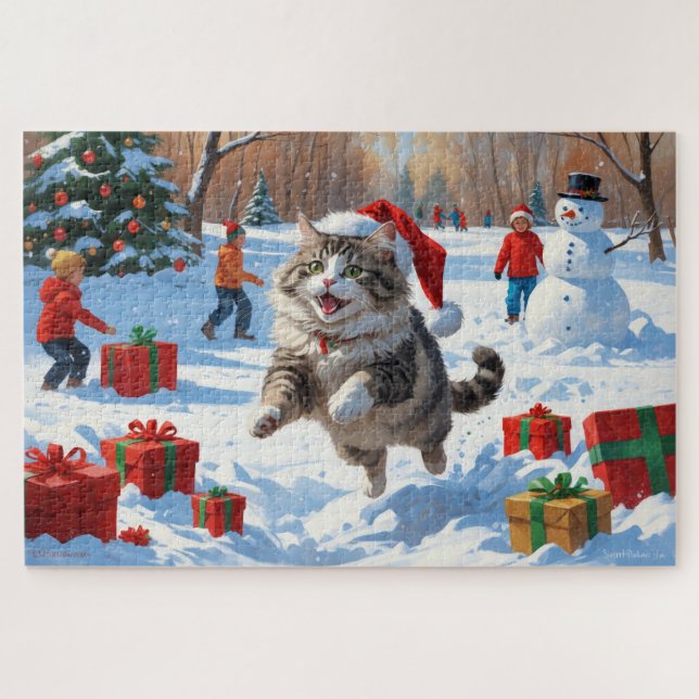 Quebra-cabeça Gato Siberiano Correndo na Neve com Chapéu de Nata (Horizontal)