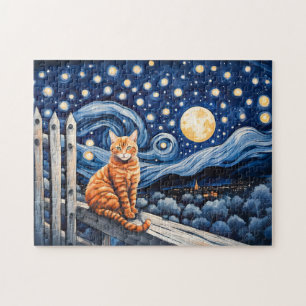 Quebra-cabeça Gato sob aquarela de noite estrelada