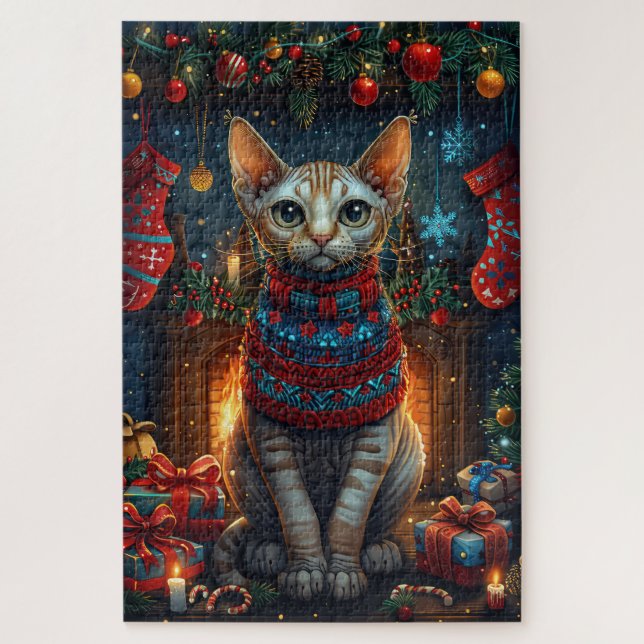 Quebra-cabeça Gato Sphynx com Presentes de Natal Lareira (Vertical)
