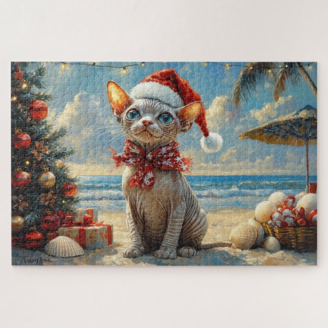 Quebra-cabeça Gato Sphynx Natal Praia Vintage (Horizontal)