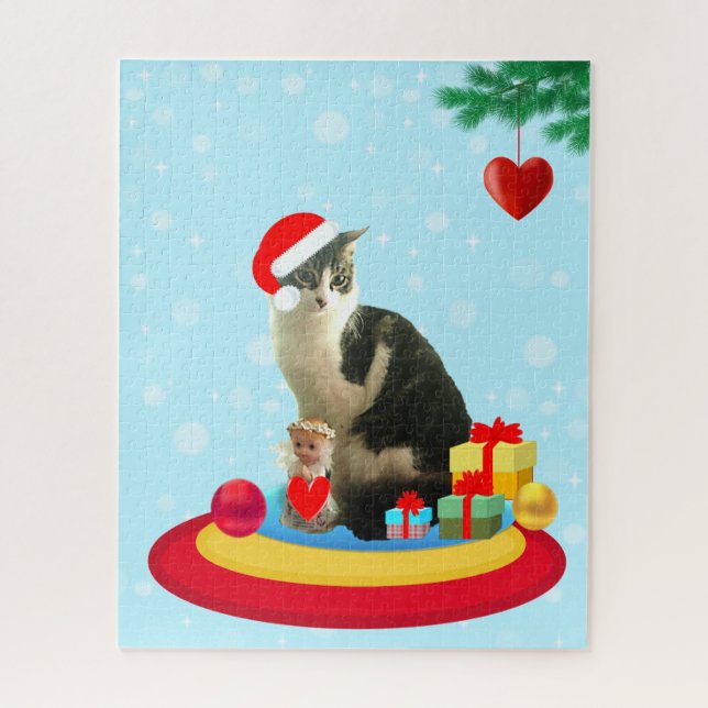 Quebra-cabeça gato tabby de Natal e anjo (Vertical)