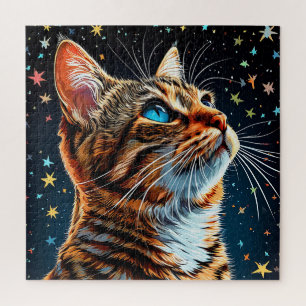 Quebra-cabeça Gato Tabby de Olhos Azuis Contempla o Céu Noturno