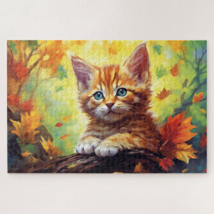 Quebra-cabeça Gato Tigre Fofo Laranja Folhas de Outono Aquarela