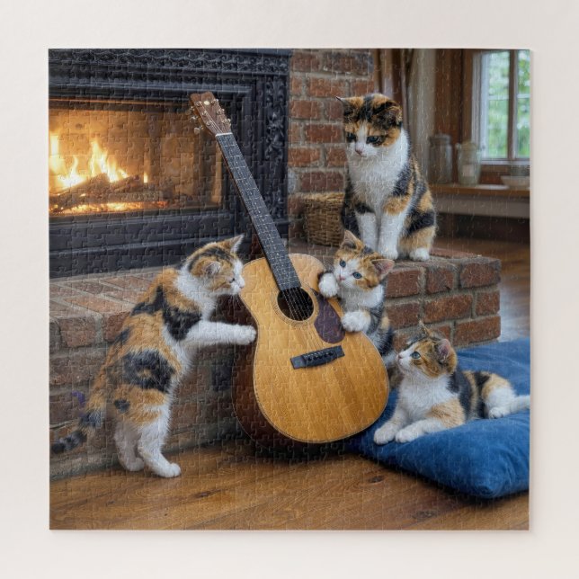 Quebra-cabeça Gato Tricolor com Gatinhos e Violão (Vertical)