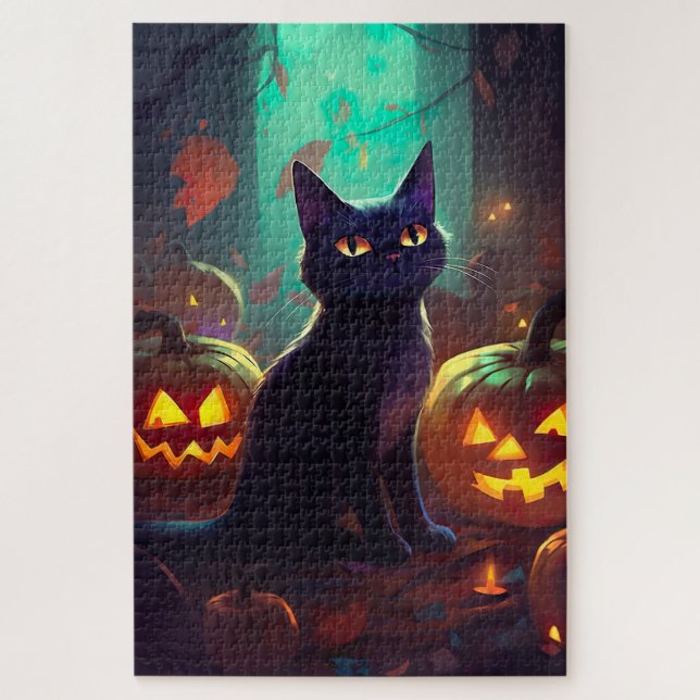Quebra-cabeça Gato Tuxedo de Halloween com Abóboras Assustadoras (Vertical)