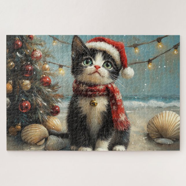 Quebra-cabeça Gato Tuxedo Natal Praia Vintage (Horizontal)