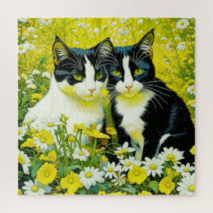 Quebra-cabeça Gatos Adoráveis sentados em um campo de Daisies