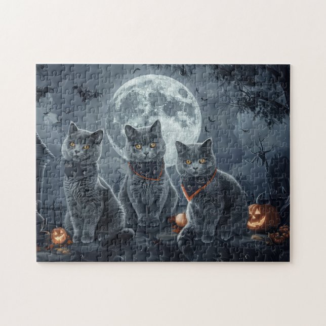 Quebra-cabeça Gatos Azuis Russos Halloween Assustador (Horizontal)