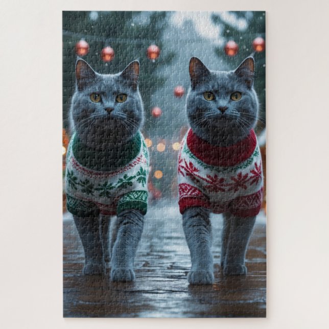 Quebra-cabeça Gatos Azul Russo Natal Neve Férias  (Vertical)