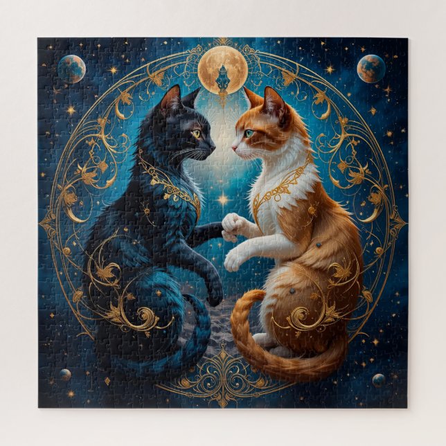 Quebra-cabeça Gatos Celestiais em Arte Cósmica com Ouro e Azul (Vertical)