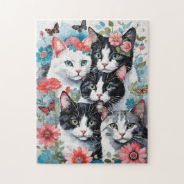 Quebra-cabeça Gatos Cujos Flores e Borboletas são Rosa