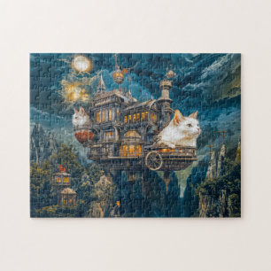 Quebra-cabeça Gatos de castelo voador Noite Steampunk