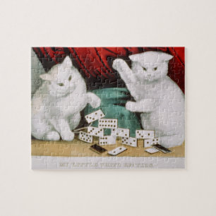 Quebra-cabeça Gatos Gatinhos Brancos Jogando Dominoes-Currier &