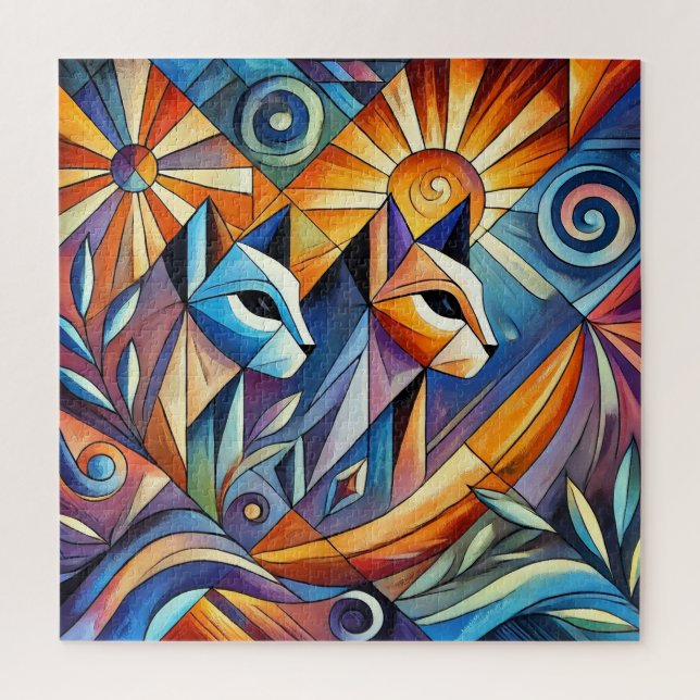 Quebra-cabeça Gatos Geométricos Abstratos com Cores Vibrantes (Vertical)