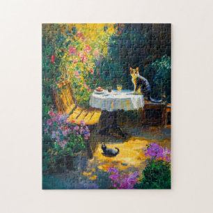 Quebra-cabeça Gatos Impressionistas Brincando no Canto do Jardim