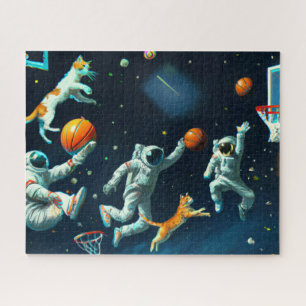 Quebra-cabeça Gatos Jogando Basquete no Espaço com Astronautas
