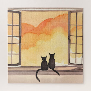 Quebra-cabeça Gatos na Janela Silhueta de Aquarela do Pôr do S