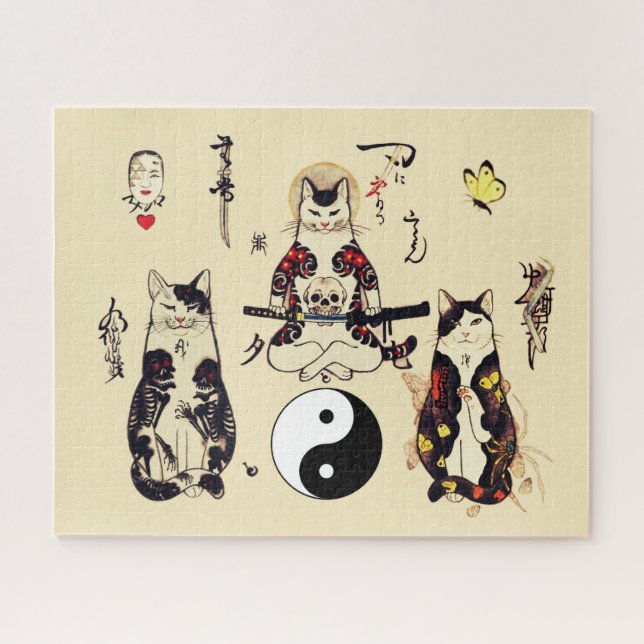 QUEBRA-CABEÇA GATOS SAMURAI NO CÉREBRO,ESQUELETO,TATUAGENS DE BO (Horizontal)
