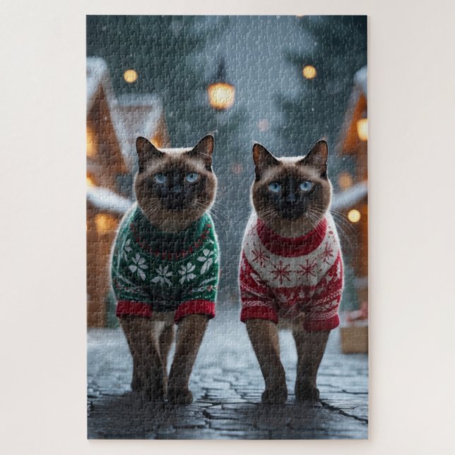 Quebra-cabeça Gatos Siameses Natal Neve Férias (Vertical)