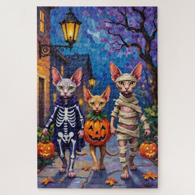 Quebra-cabeça Gatos Sphynx Pedindo Doces com Fantasias de Hallow (Vertical)