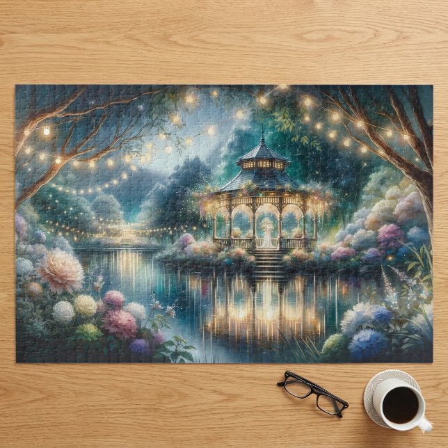 Quebra-cabeça Gazebo do Jardim Encantado Reflexo do Crepúsculo (Enchanted Garden Gazebo Twilight Reflection Jigsaw Puzzle On Table)
