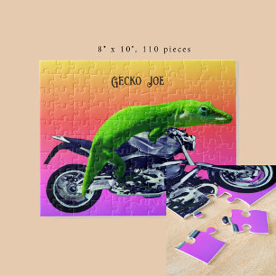 Quebra-cabeça Gecko Motorcycle Rider Pink Horizon Add Name 8x10