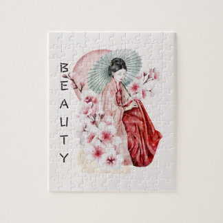 Quebra-cabeça Geisha Watercolor japonesa com Kimono e Sakura