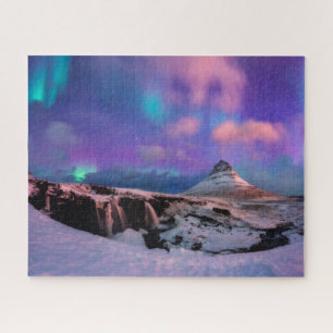 Quebra-cabeça Gelo e neve Luzes Nortes, Montanha Kirkjufall