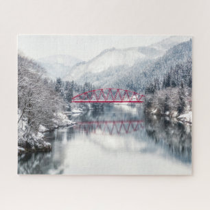 Quebra-cabeça Gelo e neve Ponte vermelha no inverno, Japão