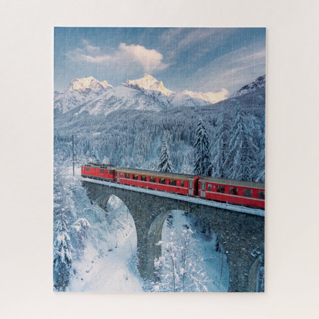 Quebra-cabeça Gelo e neve | Suiça de trem Red Bernina Express (Vertical)