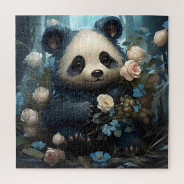 Quebra-cabeça Gentil Urso Panda Entre Rosas Selvagens (Vertical)