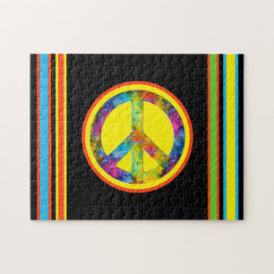 Quebra-cabeça [Geometric Tie-Dye] Stripes with Peace Sign Black