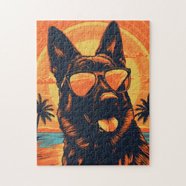Quebra-cabeça German shepherd com óculos de sol em uma praia (Vertical)