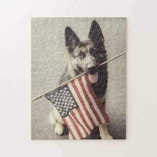 Quebra-cabeça german shepherd com sinalizador dos EUA