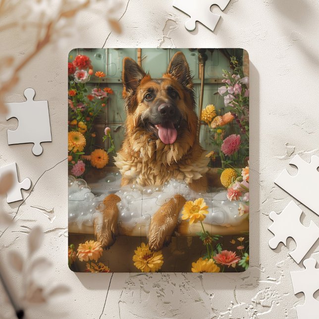 Quebra-cabeça German shepherd na banheira | Presente de German s (Whimsical German Shepherd in a beautiful bathroom filled with flowers)