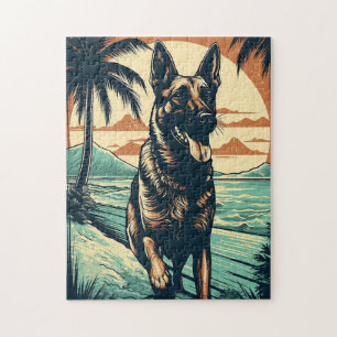 Quebra-cabeça German shepherd numa praia tropical durante o pôr