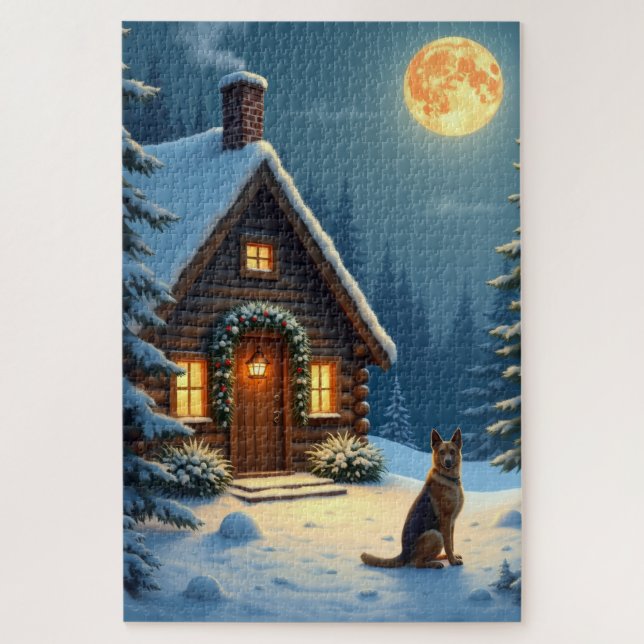 Quebra-cabeça German Shepherd Snowy Forest Cabin Christmas Paint (Vertical)