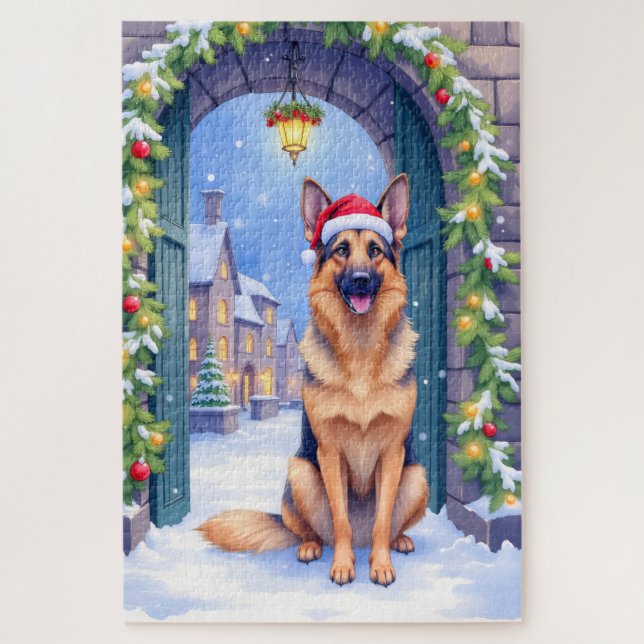 Quebra-cabeça German Shepherd Snowy Town Gate Santa Christmas (Vertical)