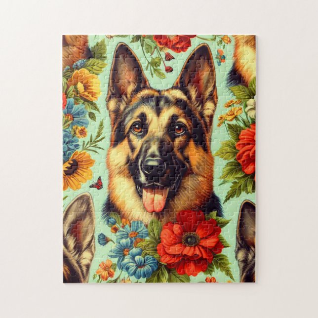 Quebra-cabeça German shepherd Vintage Floral (Vertical)