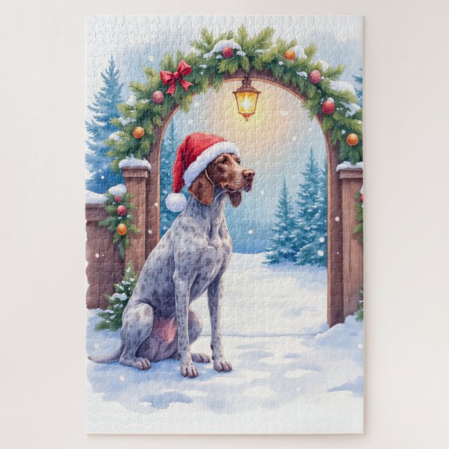 Quebra-cabeça German Shorthaired Pointer Snowy Gate Santa Hat (Vertical)