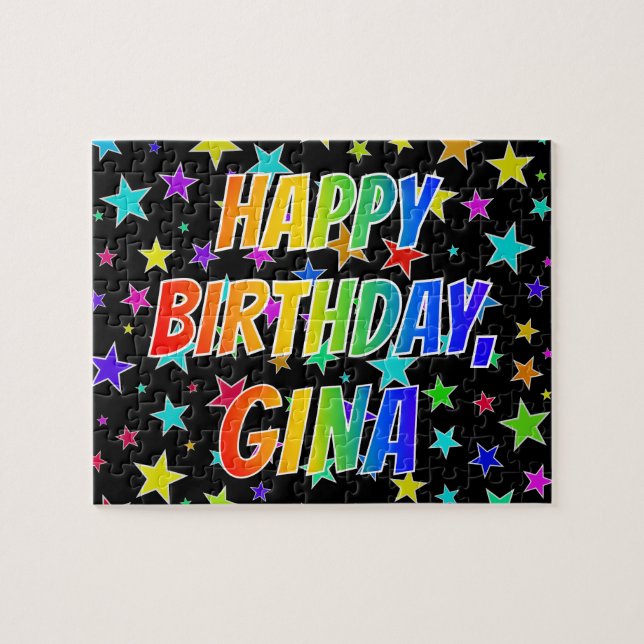 Quebra-cabeça "GINA" Primeiro Nome, Diversão "FELIZ ANIVERSÁRIO" (Horizontal)