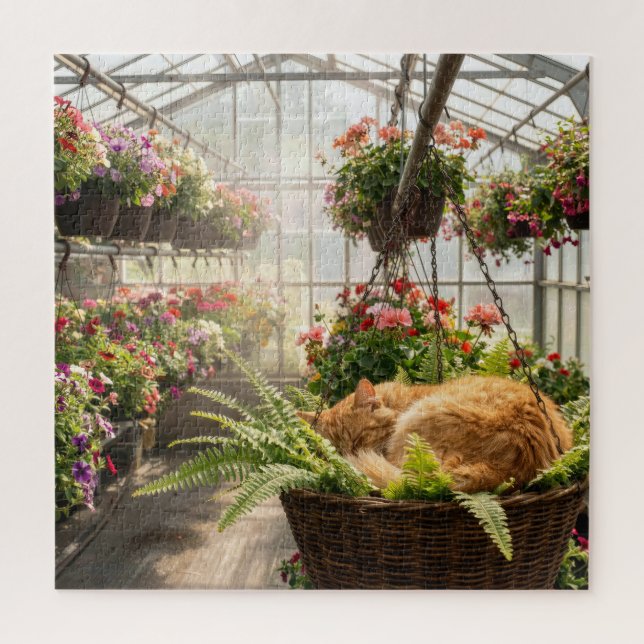 Quebra-cabeça Ginger Cat Napping in Hanging Fern Basket (Vertical)