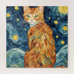 Quebra-cabeça Ginger Tabby Feline em uma Noite Estrelada